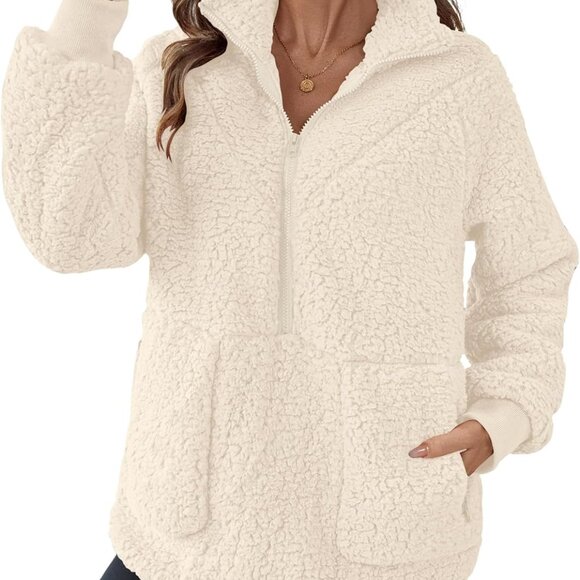 Women Half Zip Pullover Long Sleeve Casual Fuzzy Sherpa Fleece Jacket Sweatshirt - Picture 1 of 6